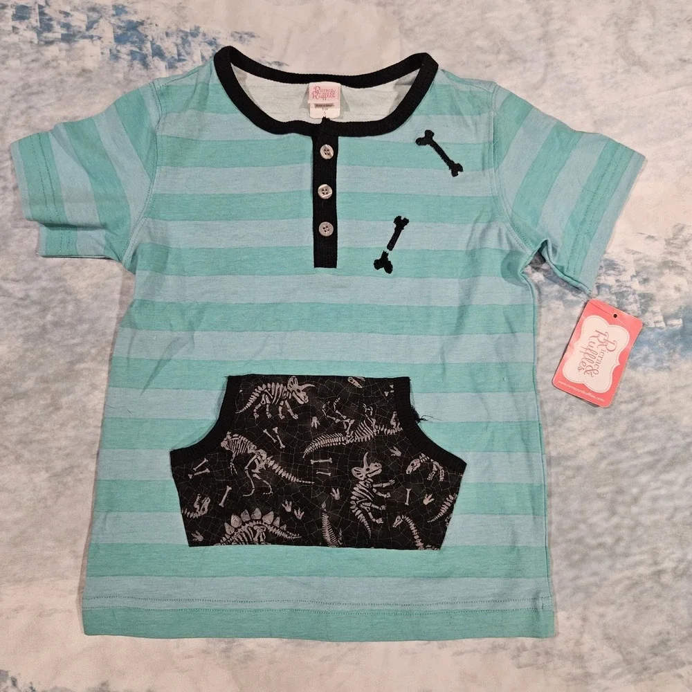 Ric Rac & Ruffles‎ Boys Dino Henley Shirt Sz 5 NWT Green Striped Dinosaur Pocket